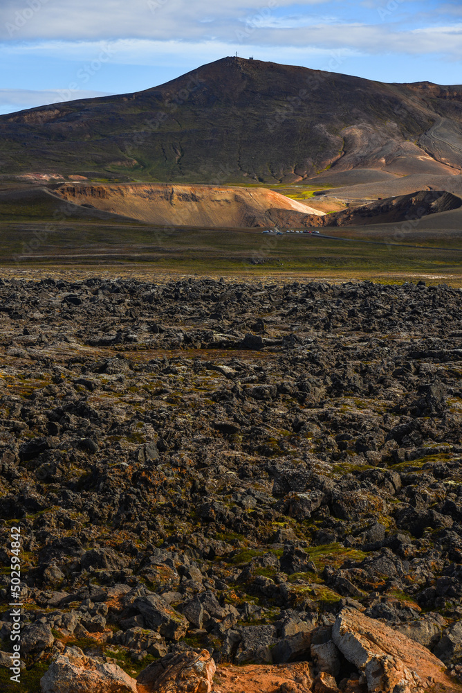 View to the Krafla explosion crater through the lava field of Leirhnjúkur volcano, northern Iceland