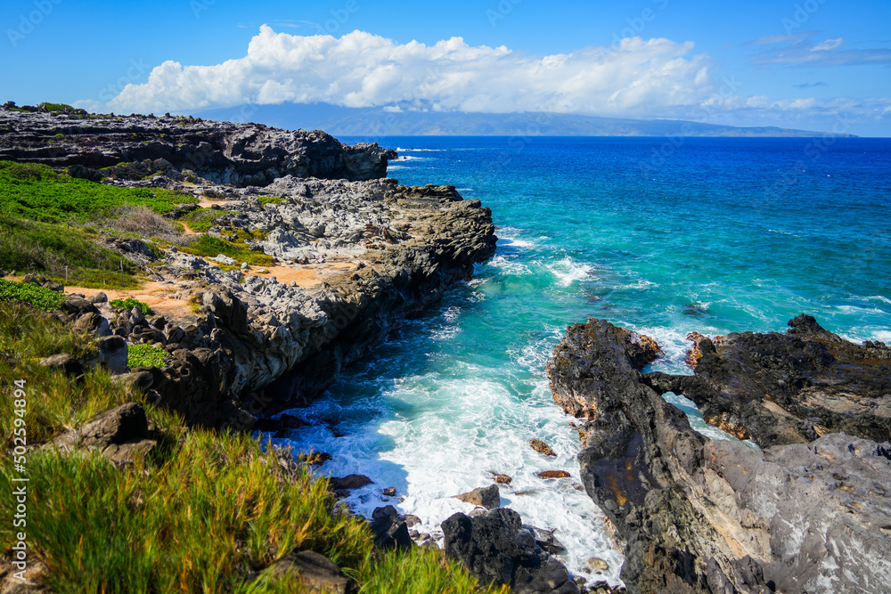 Ironwood cliffs on Hawea Point along the Kapalua Coastal Trail in the west of Maui island, Hawaii