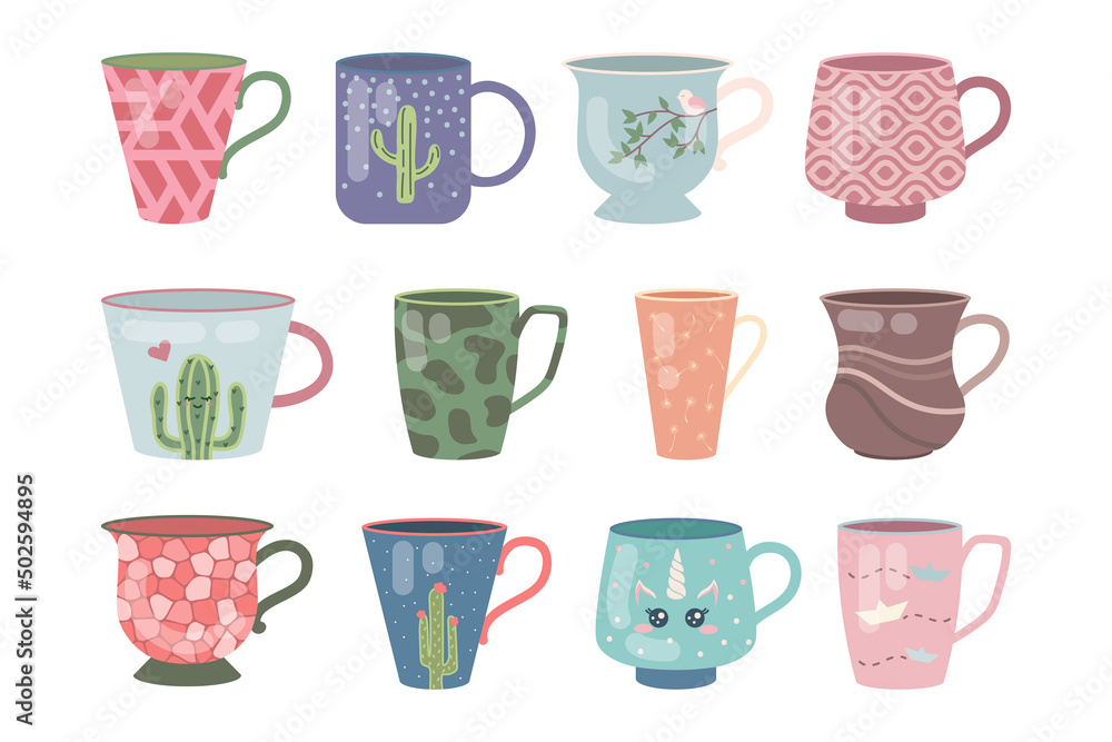 Modern ceramic or porcelain cups cartoon illustration set. Cute colorful mugs with flowers and doodle pattern for coffee, tea, matcha or different beverages. Crockery for home or cafe, kitchen concept Modern ceramic or porcelain cups cartoon illustration set. Cute colorful mugs with flowers and doodle pattern for coffee, tea, matcha or different beverages. Crockery for home or cafe, kitchen concept