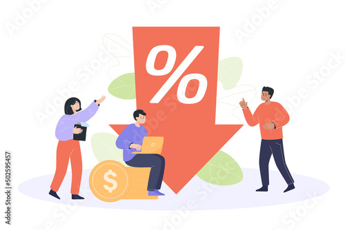 Tiny people near huge percent down arrow. Business people working together, analyzing decreasing of prices flat vector illustration. Sale, discount, loan, reduction concept