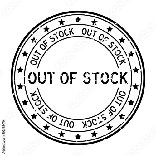 Grunge black out of stock word with star icon round rubber seal stamp on white background