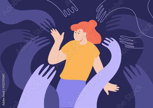 Frustrated girl surrounded by creeping hands. Person under influence of fear, struggling with mental problems flat vector illustration. Manipulation, power concept