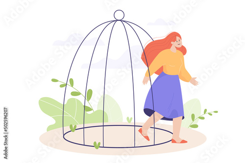 Woman getting out of birdcage flat vector illustration. Depressed girl leaving cage or jail, becoming free, getting ready for new life without mental problems. Freedom, violence, psychology concept