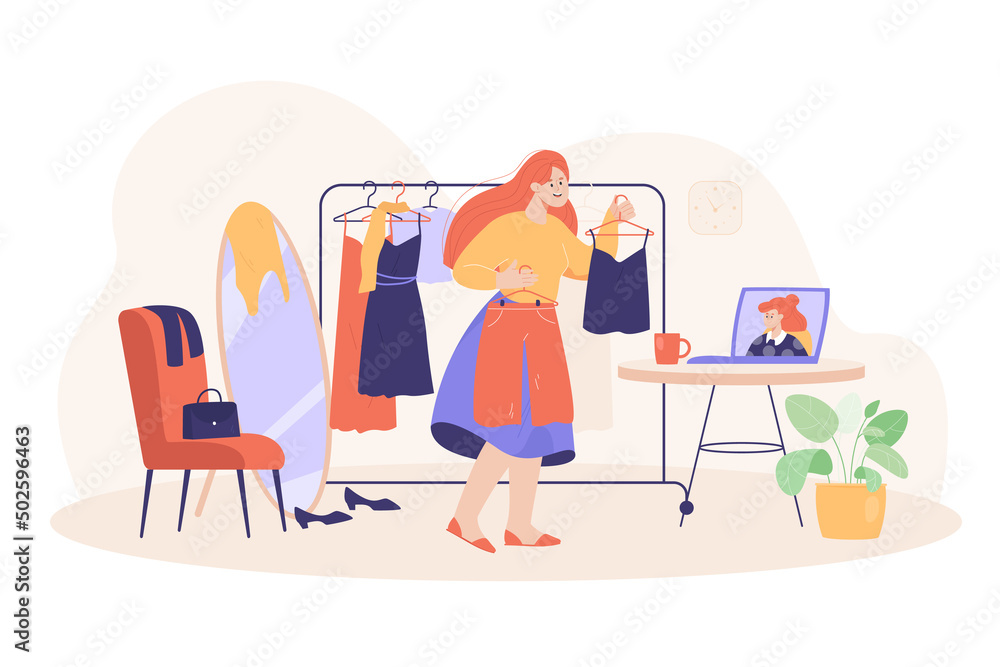 Woman consulting with personal stylist online. Stylist helping client to choose clothes. Consultant on computer screen flat vector illustration. Fashion, choice, wardrobe concept Woman consulting with personal stylist online. Stylist helping client to choose clothes. Consultant on computer screen flat vector illustration. Fashion, choice, wardrobe concept