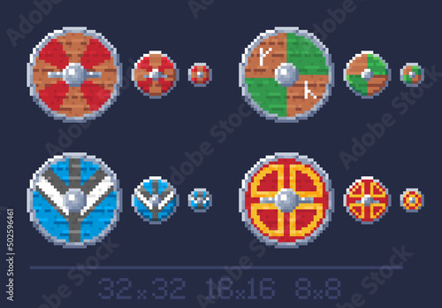 Pixel art viking shields for rpg, sandbox games. Resolution 32x32, 16x16, 8x8
