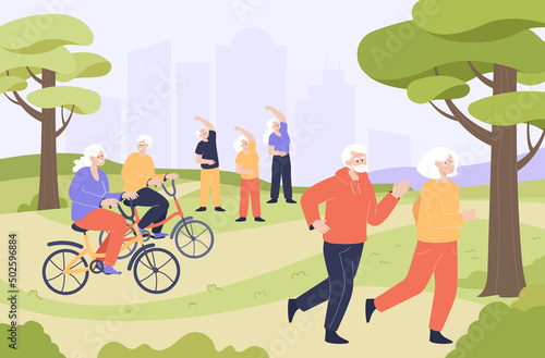 Elderly people doing sport in park flat vector illustration. Pensioners running, jogging, doing exercises or physical activity, riding bikes in nature. Sanatorium healthy lifestyle concept