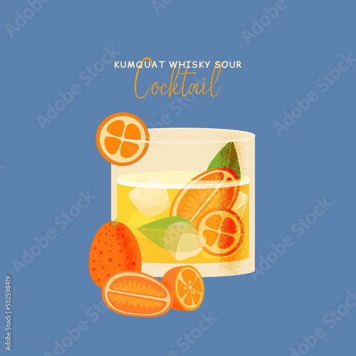 Cocktail with kumquat, whisky, mint in short glass. Refreshing tropical beverage. Bar summer menu. Colorful vector illustration of spring whiskey sour