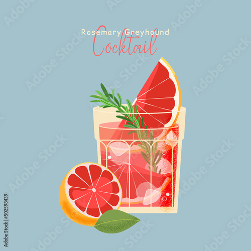 Rosemary greyhound cocktail vector with grapefruit on blue background, Spring, summer alcohol drink flat illustration.