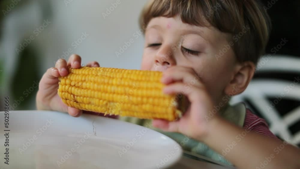 Little boy eating sweet corn child eats food Little boy eating sweet corn child eats food