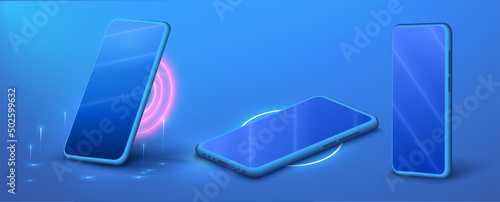 A new china mobile phone with a reflection on the screen on a polished background. Layout or template of mobile phones.  Phone different angles views. Vector illustration