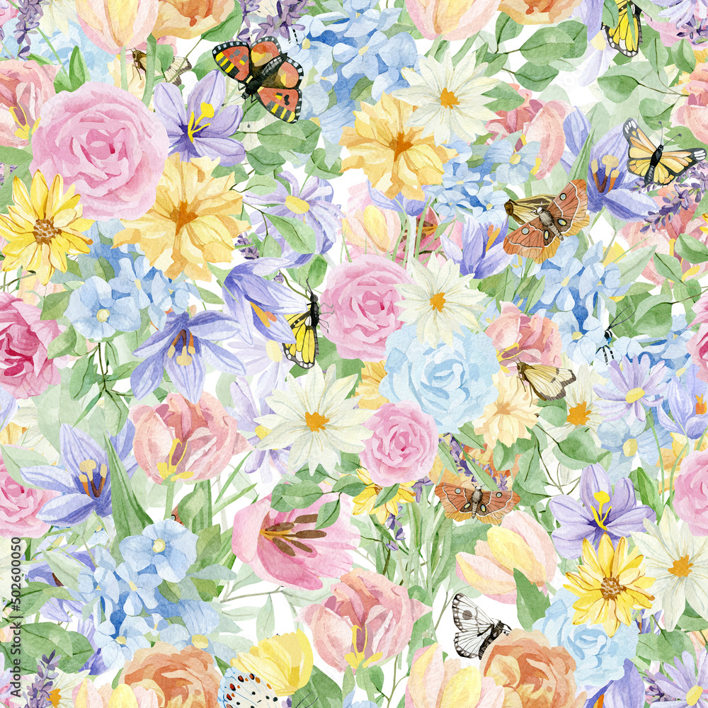 Beautiful retro pastel flowers seamless pattern. Hand painted floral design background with rose, crocus, wildflower, lavender illustration for wallpaper décor and textile fabric. Stock illustration.