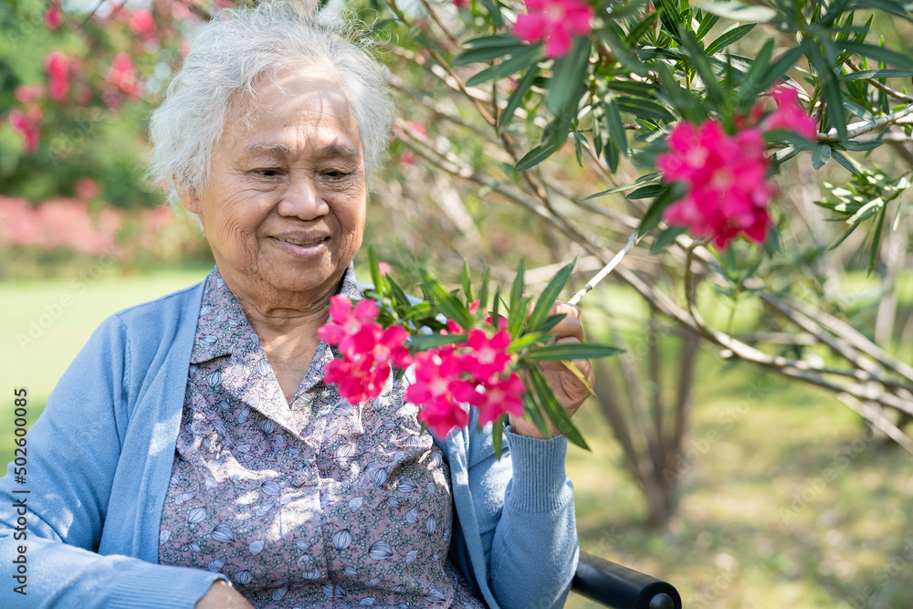 Asian senior or elderly old lady woman holding red flower, smile and happy in the sunny garden. Asian senior or elderly old lady woman holding red flower, smile and happy in the sunny garden.