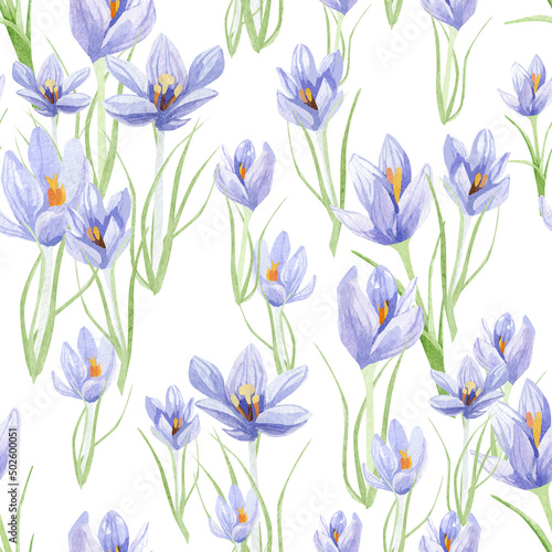 Beautiful retro pastel flowers seamless pattern. Hand painted floral design background with crocus  illustration for wallpaper d  cor and textile fabric. Stock illustration.
