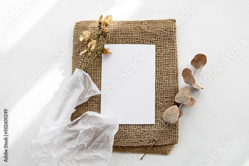 Fashionable stock stationery background - white card for lettering and dry plants and flowers on a white table. photo