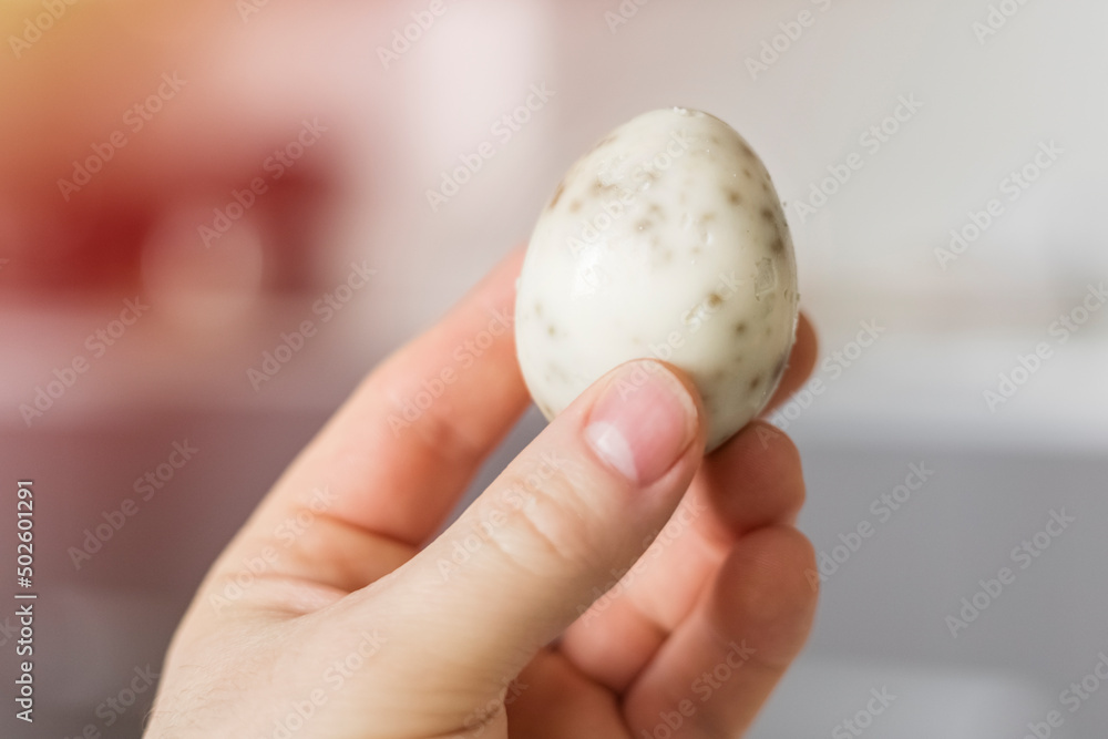 Peeled boiled chicken egg in a man's hand. Gaussian blurred background. Close-up Peeled boiled chicken egg in a man's hand. Gaussian blurred background. Close-up