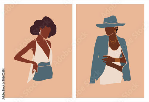 Person with a hat. Set of fashion illustration black womans in trendy earth tones. 