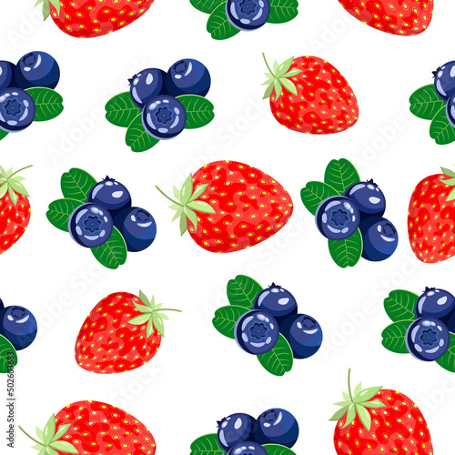 Seamless berry pattern bright, juicy strawberries and blueberries on a white background.The vector pattern can be used in packages,ice cream,yoghurts,sweets,cakes,textiles,menus.
