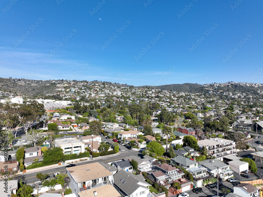 Aerial view of Laguna Beach coastline town with vilas on the hills, Southern California Coastline, USA