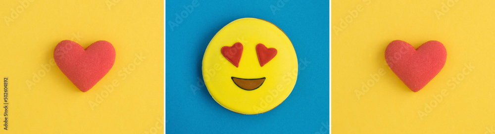 Collage of smiley and red heart in the form of gingerbread on the colored background. Top view. Collage of smiley and red heart in the form of gingerbread on the colored background. Top view.