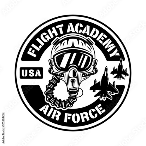 Flight academy vector round emblem, badge, label, logo or t-shirt print with pilot helmet in monochrome vintage style isolated on white background