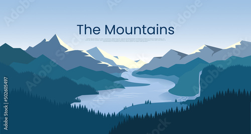 The mountains landscape with trees and rivers and a waterfall background