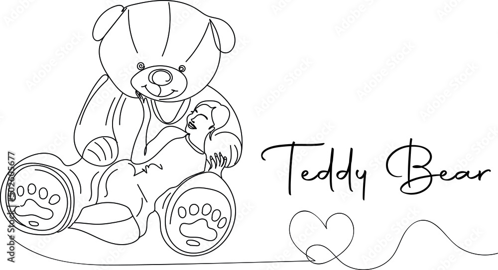 Outline sketch drawing of young girl sitting in lap of big teddy bear, line art illustration vector silhouette of girl with teddy beer Outline sketch drawing of young girl sitting in lap of big teddy bear, line art illustration vector silhouette of girl with teddy beer
