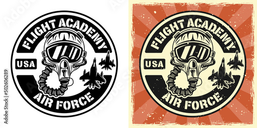 Flight academy vector emblem, badge, label, logo or t-shirt print with pilot helmet. Two styles monochrome and vintage colored with removable grunge textures