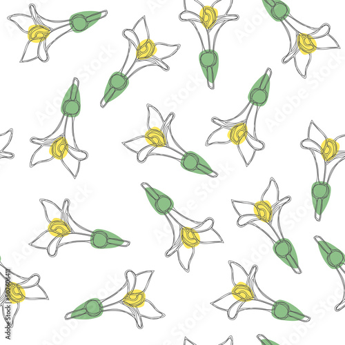 Seamless pattern with fresh woodruff flowers on isolated white background. Good for backdrop, textile, wrapping paper, wall posters.