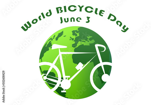 Día mundial de la bicicleta. 3 de junio. Silueta blanca de una bicicleta sobre el planeta Tierra en tonos verdes