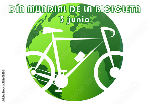 Día mundial de la bicicleta. 3 de junio. Silueta blanca de una bicicleta sobre el planeta Tierra en tonos verdes