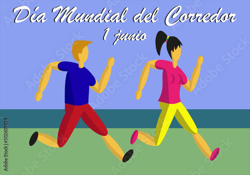Día mundial del corredor. 1 de junio. Corredor y corredora corriendo con el horizonte de fondo