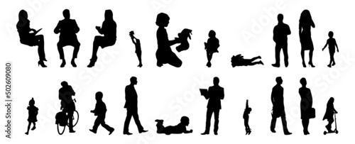 Vector silhouettes, Outline silhouettes of people, Contour drawing, people silhouette, Icon Set Isolated, Silhouette of sitting people, Architectural set	

