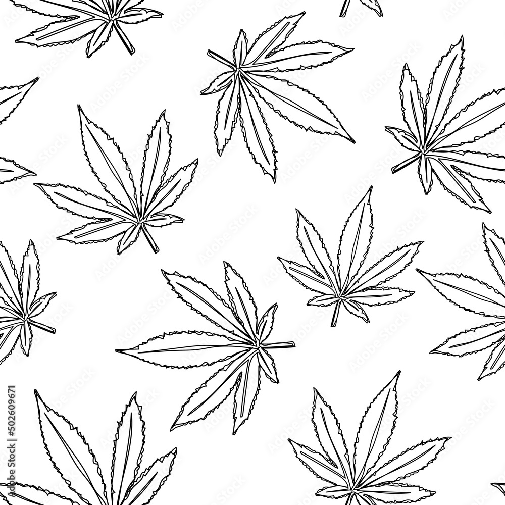 Seamless pattern. Marijuana icon. Cannabis leaf illustration isolated on white. Medical cannabis sign.
