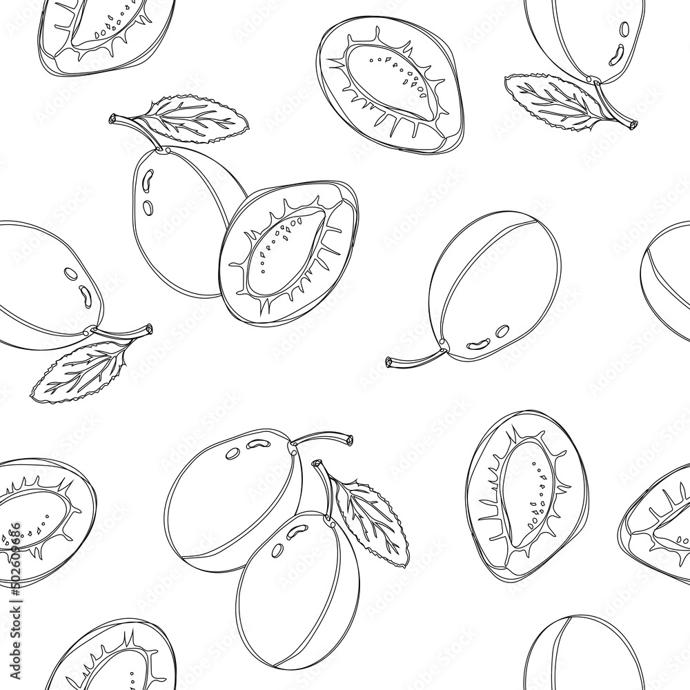 Hand drawn seamless pattern with plum. Black and white background. Hand drawn seamless pattern with plum. Black and white background.