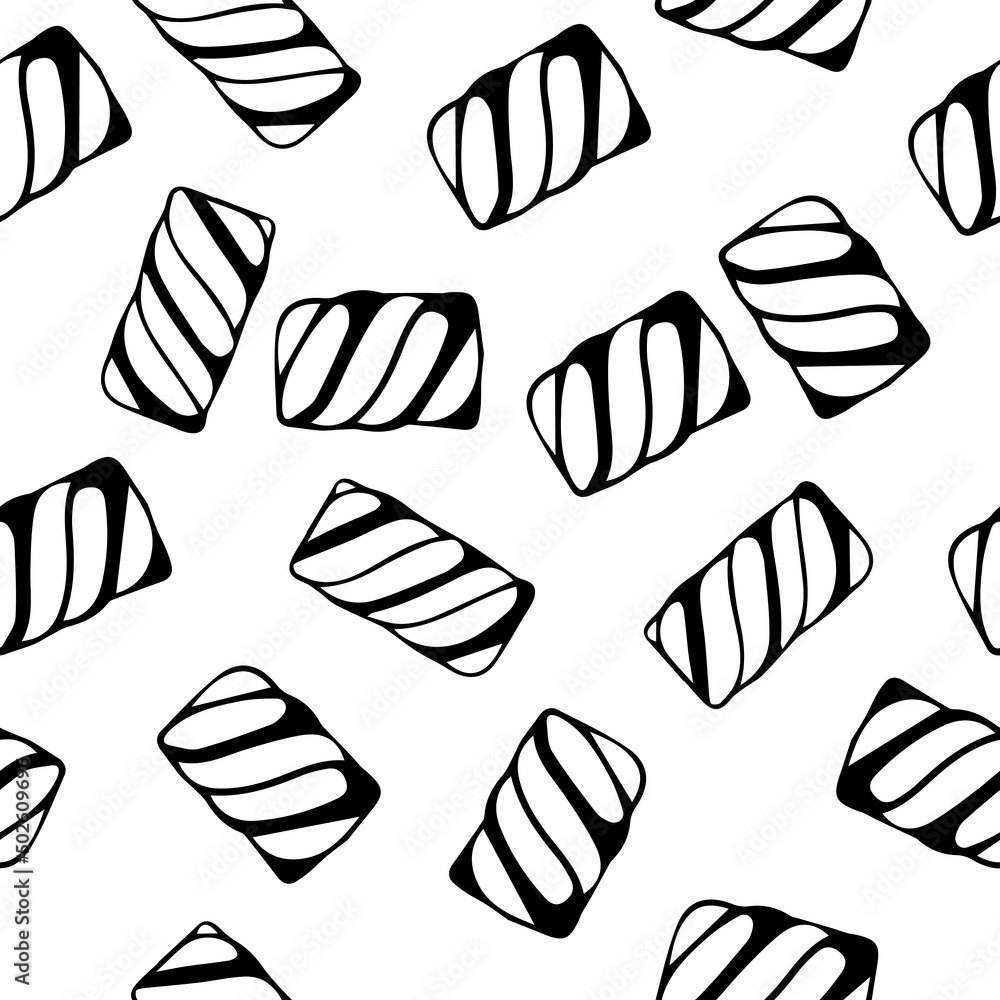 Hand draw marshmallow twists seamless pattern illustration. Pastel colored sweet chewy candies background. Hand draw marshmallow twists seamless pattern illustration. Pastel colored sweet chewy candies background.