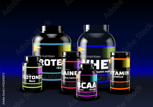 Set of sport supplement cans and jars. Sport food containers for fitness and healthy lifestyle. Protein, whey, gainer, BCAA, isotonic and vitamins.