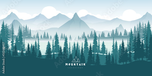 Mountain landscape and lake in the morning. Pine trees and mountain silhouettes. Nature background.