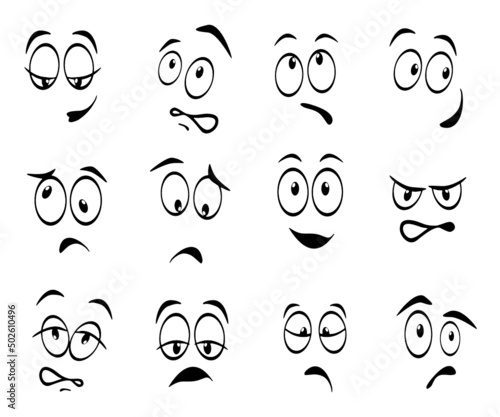 Cartoon comic emotions or smiley doodle. Expressive eyes and mouth, smiling, crying and surprised facial expressions of the character.