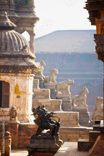 Nepal, Bhaktapur, Durbar Square, High angle view of Temple statues photo