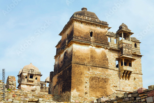India, Rajasthan, Ruined Rana Kumbha Palace inside sprawling medieval historic Chittorgarh Fort complex photo