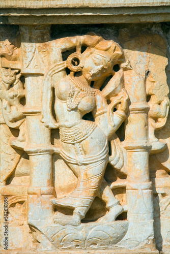 India, Rajasthan, Detail of carving on Tower of Victory (Vijaya Stambha) in historic medieval Chittorgarh Fort complex photo