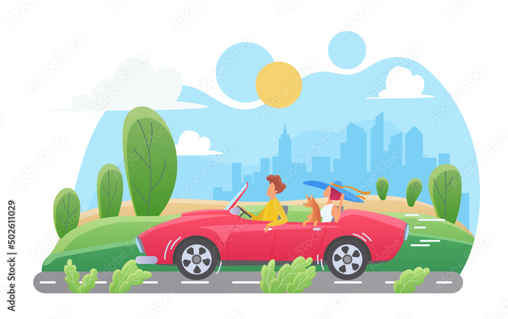 Long distance family car travelling vacation. Summer nature journey with convertible autovehicle