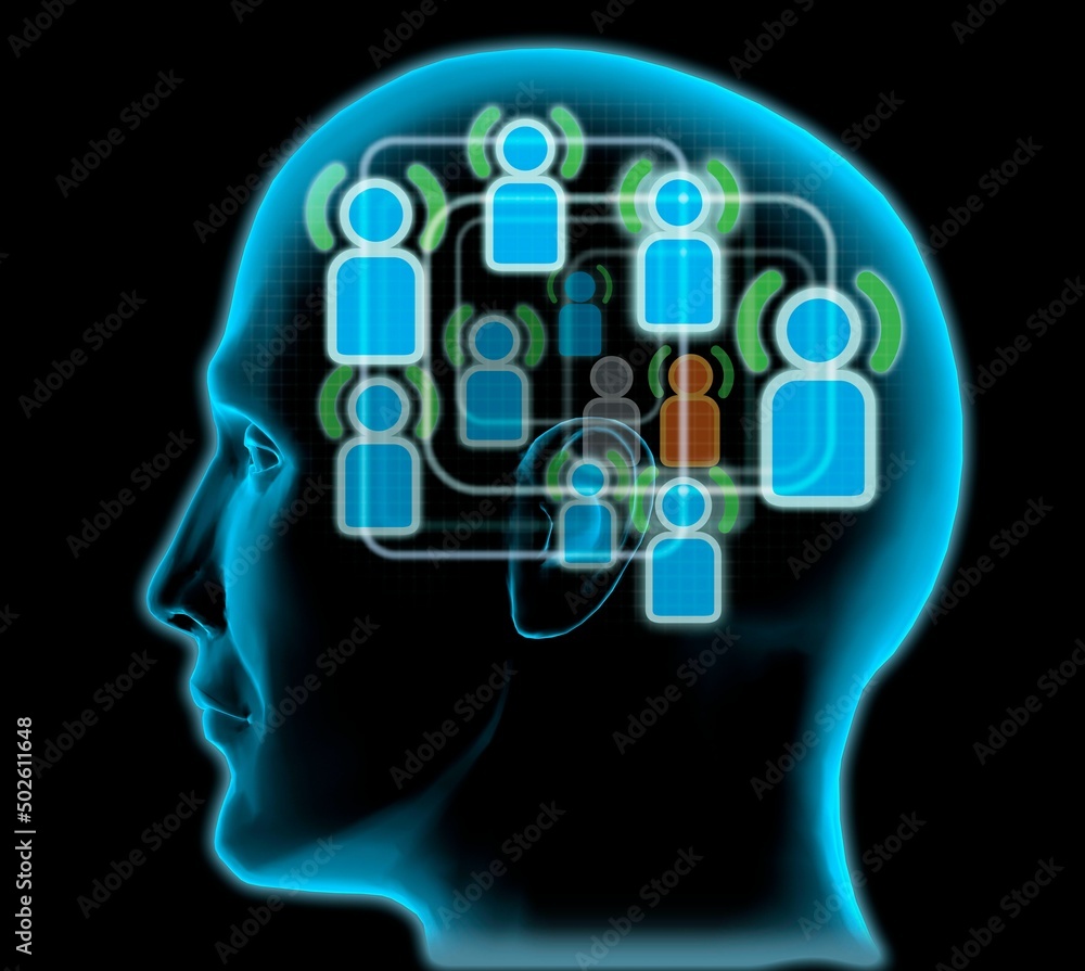 Close-up of a man's head with blue friends icons inside Close-up of a man's head with blue friends icons inside