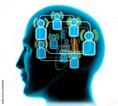 Close-up of a man's head with blue friends icons inside photo