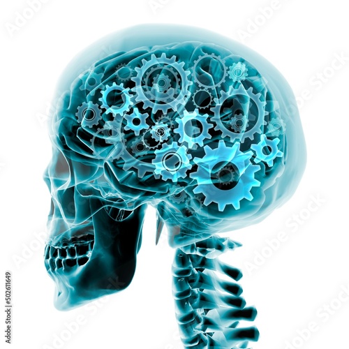 Blue x-ray of the brain and skull with gears turning inside