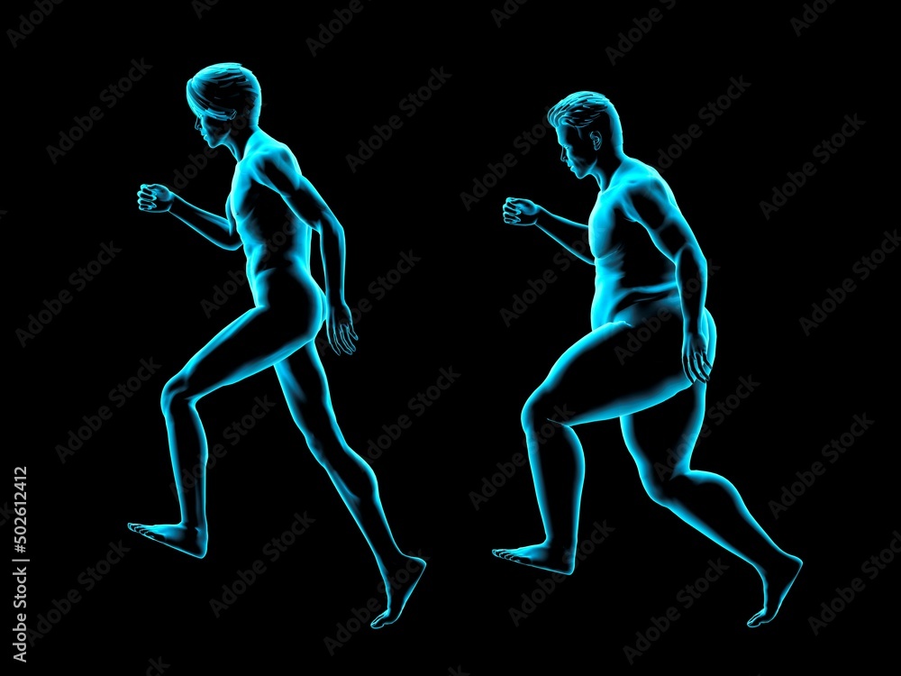 Obese and thin men running, X-ray image Obese and thin men running, X-ray image
