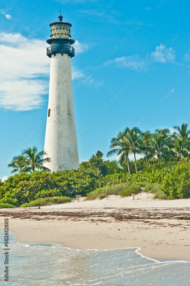 front view, far distance of a, functioning,  tropical, tall, white, brick, lighthouse, surrounded with vegitation