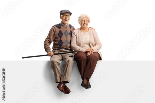 Full length portrait of an elderly couple sitting on a blank panel and smiling at camera