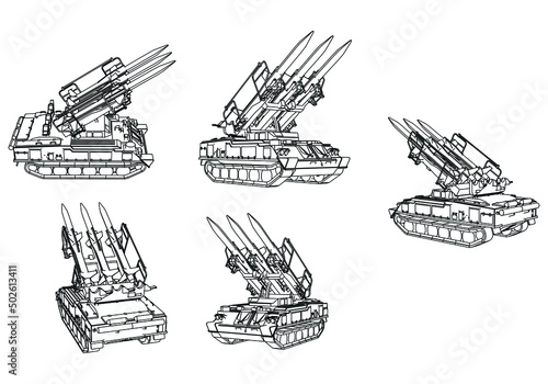 Rocket launcher. Rockets and shells. Special military equipment. Air Attack. Vector Military machine. Military vehicle logotype.