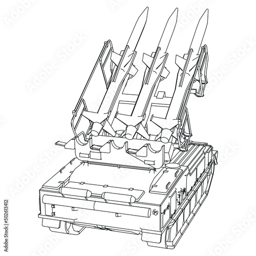 Rocket launcher. Rockets and shells. Special military equipment. Air Attack. Vector Military machine. Military vehicle logotype.